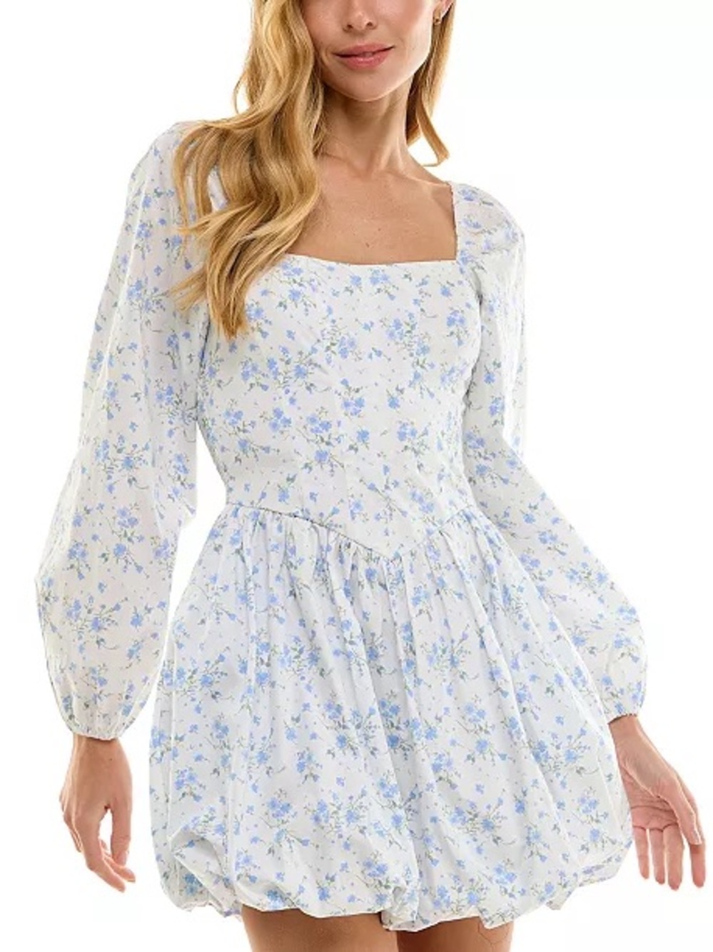 City Studios Bubble Dress with Light Blue Floral Print and Square Neckline